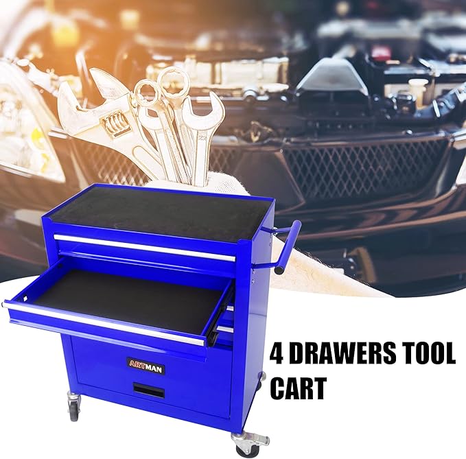 4 Drawers Rolling Tool Chest Cart. Tool Storage Cabinet With 4 Wheels.Tool Cabinet Trolley With Locking System and Drawer Liners.Tool Storage Cart for Garage,Workshop. 24.4"Toolbox Cart(blue)