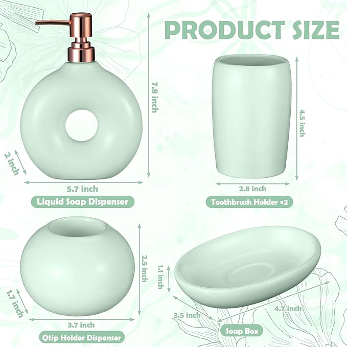 5 Pcs Ceramic Bathroom Accessories Set Includes Soap Dispenser Toothbrush Cup Holder Soapbox Holder Stylish Modern Bathroom Matte Glaze Decor (Green)