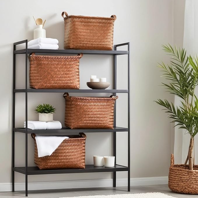 GIB Wicker Storage Baskets for Shelves, Woven Laundry Basket for Organizing Clothes Blanket Basket, Decorative Rectangular Closet Organizers Storage Bins with Handles, Brown, 4 Pack