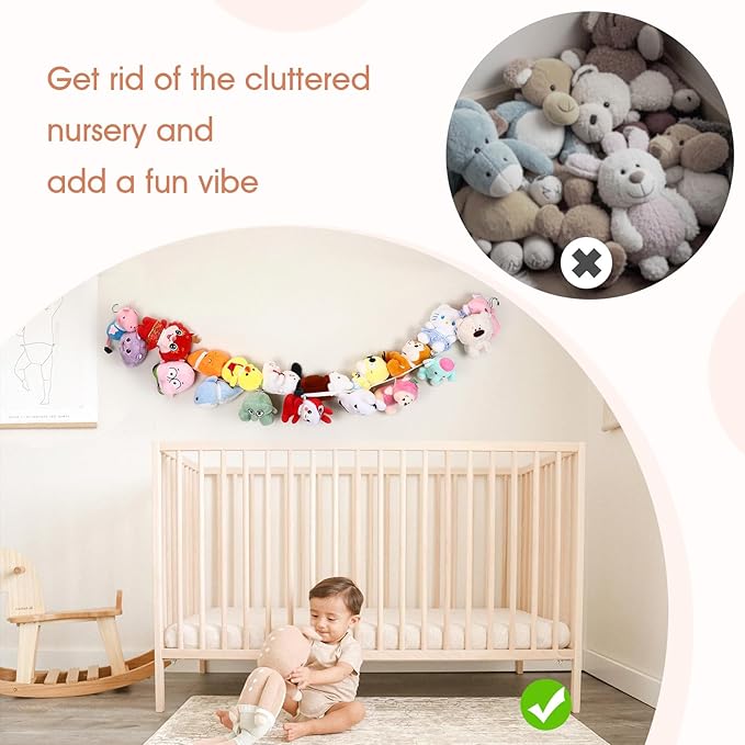 POVETIRE Stuffed Animal Storage Chain, 80 Inch Elastic Band Hanging Storage, White Cotton Stuffed Animal Display for Bedroom Nursery Corner Curtain Rod