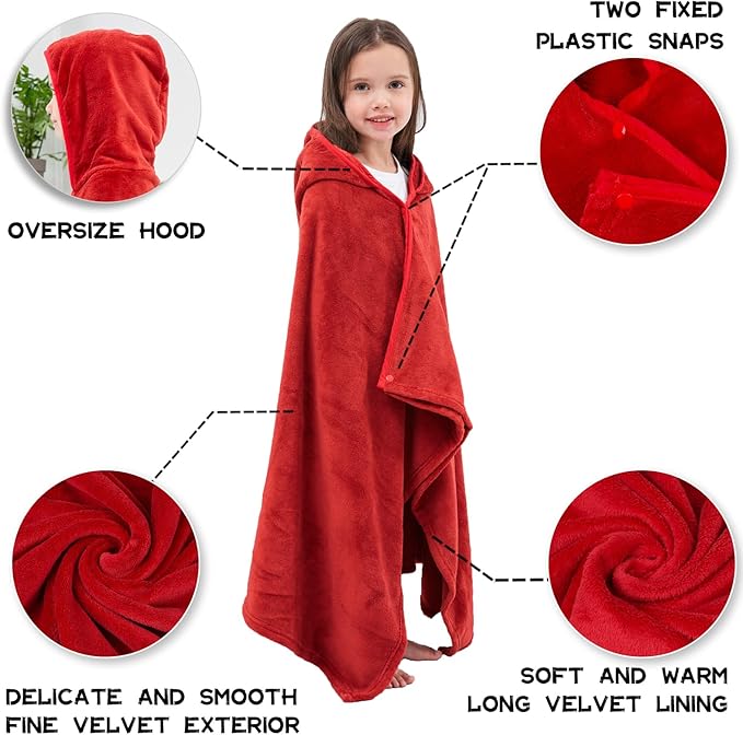 Hiturbo Kids Hooded Bath Towel: Soft Plush Pool Beach Fleece Towel Blanket - 50"x30" Toddler Towels Wrap for Boys Girls 3-12 Years (Red)