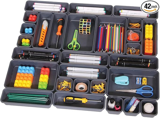 42 Pack Interlocking Desk Drawer Organizer Tray Dividers Plastic Shallow Narrow Drawers Organizers Separators Storage Bins Container for Kitchen Bathroom Makeup Office Vanity Dresser