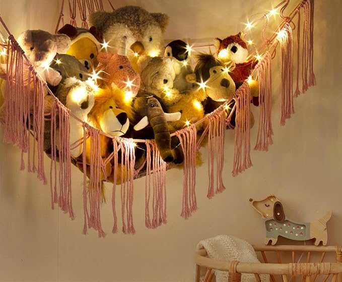 Stuffed Animal Storage Hammock Corner X-Large with LED Light - Baby Hammock Hanging Holder Plushies Net for Stuff Animals Organizer - Cute Room Decor Aesthetic Kids Toddler Nursery Bedroom