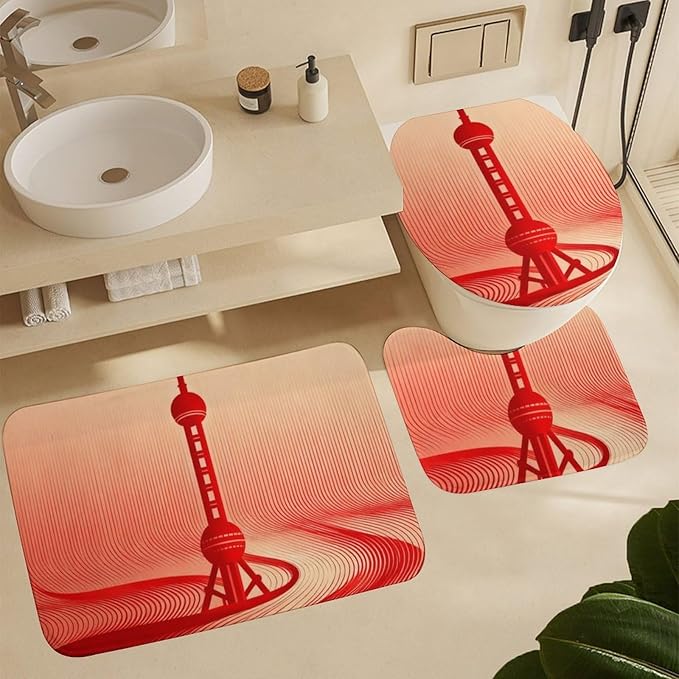 4 Piece Bathroom Rug Set with Shower Curtain, Non-Slip Bath Mat Toilet Cover Set, Tower Bathroom Rug Sets