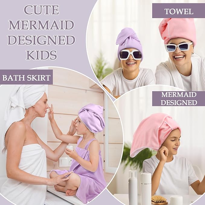 2 Sets Girls Towel Wrap Hair Towel Wrap for Kids with Soft Bath Body Dress Cute Adjustable Bathrobe with Turbans for 3.9-4.9 ft Kids Girls Wet Hair Rapid Drying(Classic Style)