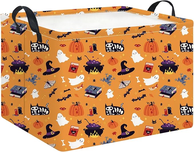 Rectangle Storage Basket with Handles,Collapsible Storage Bin,Books Box,Gift Basket(Yellow Halloween)
