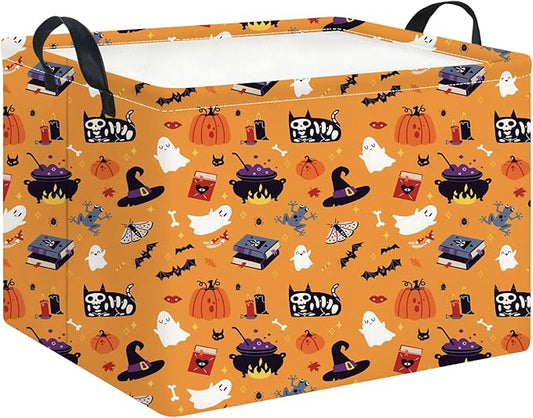 Rectangle Storage Basket with Handles,Collapsible Storage Bin,Books Box,Gift Basket(Yellow Halloween)