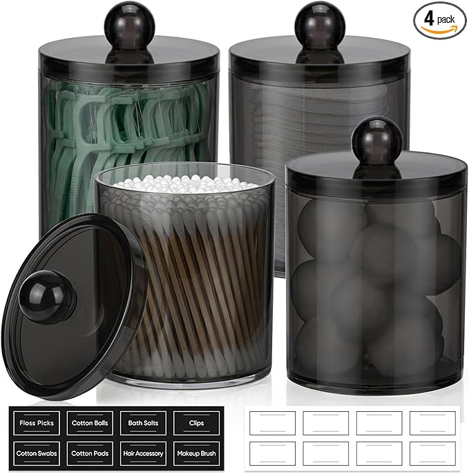 4 Pack Acrylic Qtip Holder Dispenser for Cotton Swabs, Balls, Pads, Floss Picks- Clear Plastic Canister Apothecary Jar Set, Bathroom Essentials Accessories Decor Vanity Makeup Storage Organizer -Black