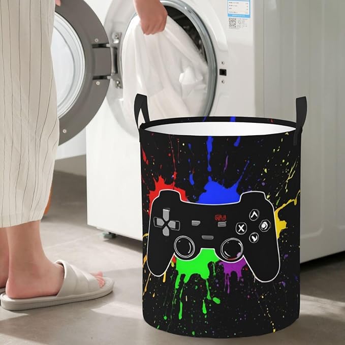 Gaming Theme Round Laundry Hamper Game Joystick Storage Basket Toys Clothes Organizer Bin For Home Bathroom Bedroom Dorm Nursery, 62l