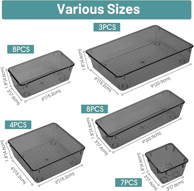 WOWBOX 30 PCS Clear Plastic Drawer Organizer Set, 5 Sizes Desk Drawer Divider Organizers and Storage Bins for Makeup, Jewelry, Gadgets for Kitchen, Bedroom, Bathroom, Office, Black