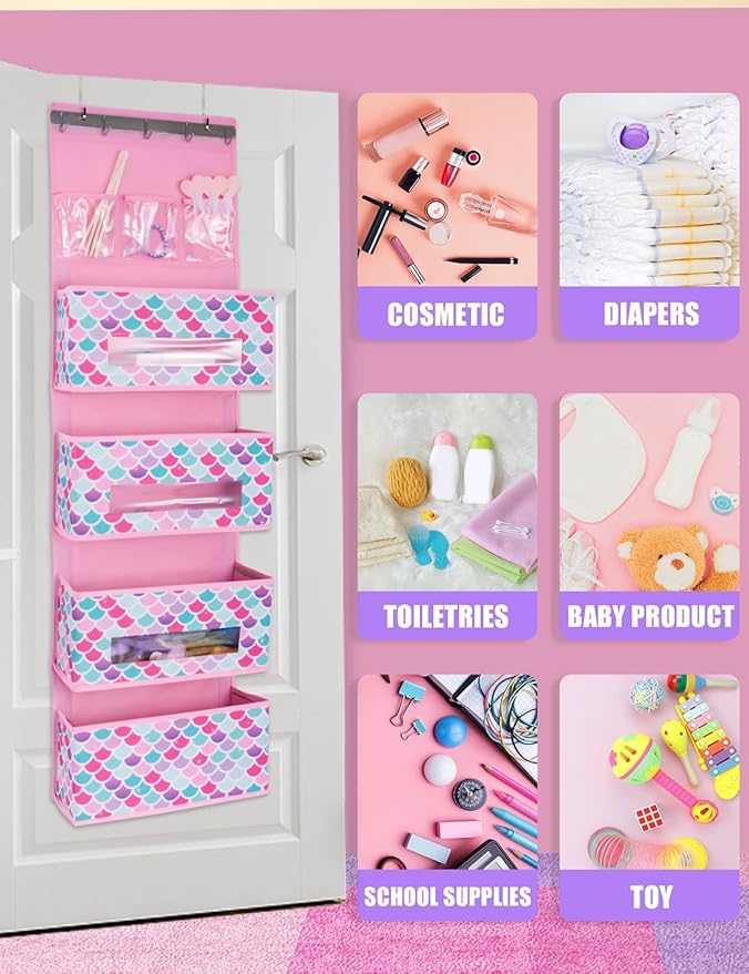 WERNNSAI Mermaid Door Hanging Organizer - Over The Door Storage with 4 Large and 3 PVC Pockets Baby Storage Toys Towels Sundries for Kids Girls Room Nursery Bedroom