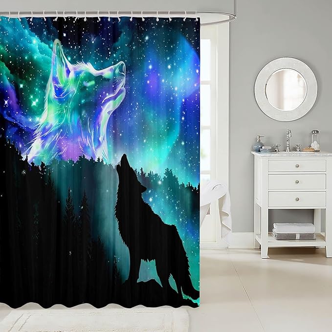Howling Wolf Bathroom Shower Curtain Set Galaxy Wolf Shower Curtain Northern Light Bath Curtain for Kids Boys Girls Starry Sky Aurora Wild Animal Waterproof Bathroom Curtains with Hooks 72x78 Inch