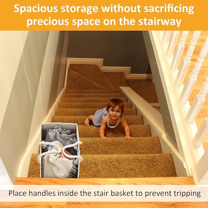 1 Pc Stair Basket for Stairs with Handle, Staircase Baskets for Carpeted and Wooden Stair,16" Step Storage Laundry basket for Stairs, Toys, Clothes, Books, Tools, Magazine, with Hard Board, Anti-slip