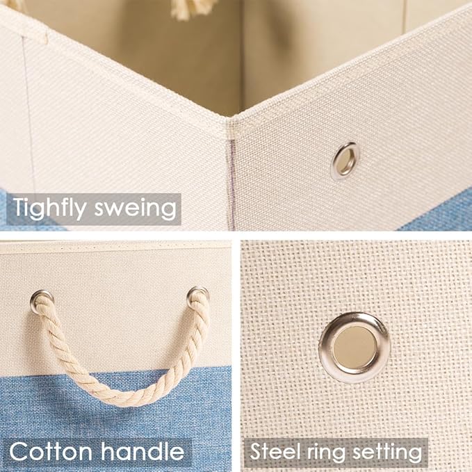 PRANDOM Large Foldable Cube Storage Bins 13x13 inch [2-Pack] Fabric Linen Storage Baskets Cubes Drawer with Cotton Handles Organizer for Shelves Nursery Closet Bedroom Beige/Blue