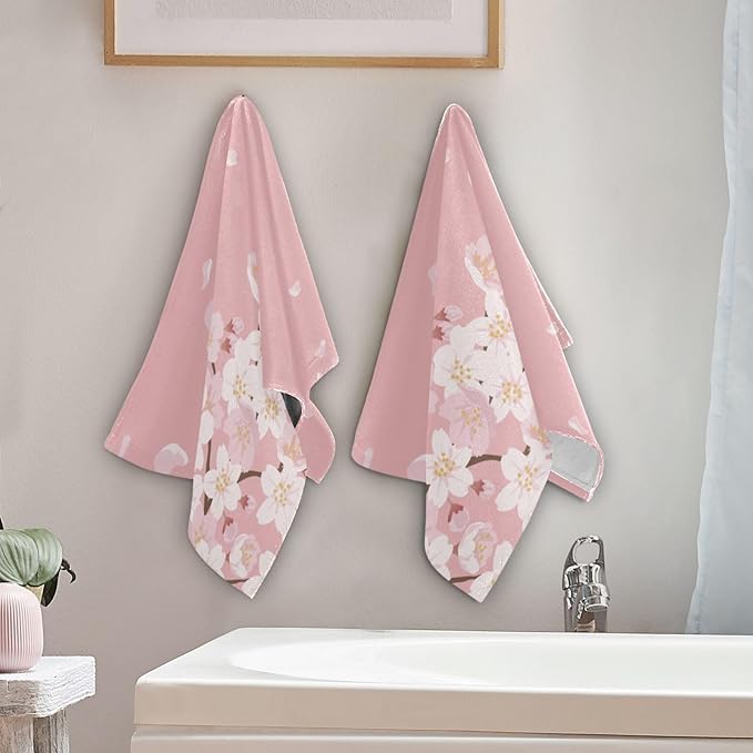 2 Pcs Pink Cherry Blossom Floral Decorative Hand Towels for Bathroom,Soft Absorbent Japanese Flower Aethetic Dish Towels for Kitchen,Quick Dry Guest Bathroom Towels for Face,Shower 14"x28"