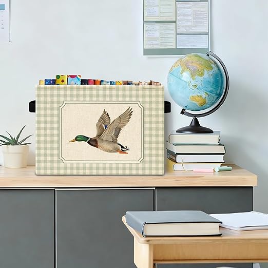 Green Checkered Mallard Duck Storage Bins Box with Handles, Rustic Flying Mallard Duck Plaid Laundry Basket Hamper Collapsible Clothes Toys Organizer for Kids Boys Bedroom Bathroom