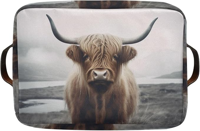YETTASBIN Highland Cow Storage Basket 1pc, Large Collapsible Toys Clothes Organizer, Durable Canvas Storage Bin with Handle for Shelves Closet Laundry Home Office Decor
