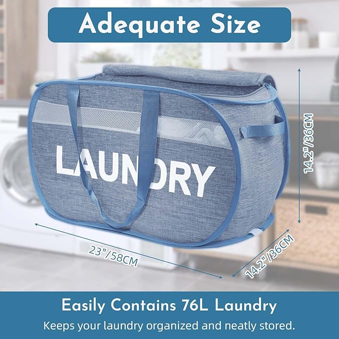Collapsible Laundry Basket 2 pack, Foldable Pop Up Blue Laundry Baskets Mesh with Lid & Handle, Pop Up Collapsible Laundrys Hamper, Fabric Laundrys Baskets for Dorm, Travel, Bathroom