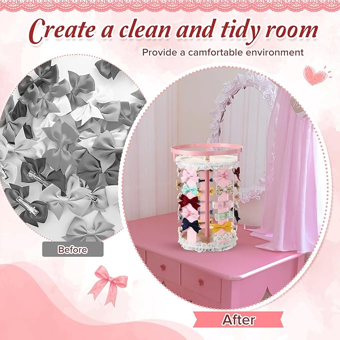 Remerry Pink Hair Bow Holder for Girls Gift Rotating Bow Organizer Stand with Headband Hanger Hair Clips Accessories Display Rack for Baby Nursery Toddler Room Decor