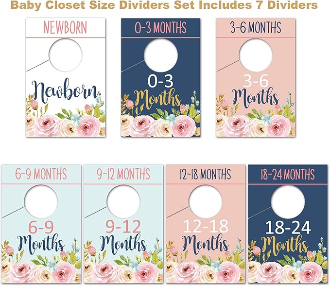 Baby Closet Size Dividers, Floral Closet Organizer for Girl, Nursery Wardrobe Divider Hangers to Arrange Clothes By Size or Age, Newborn Shower Gift, 0-24 Months