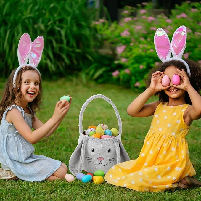 Easter Bunny Basket,Cute Easter Bucket Bags with Rabbit Ears for Easter Eggs Hunting,Easter Decorations,Candy Gifts Storage (Grey/White)