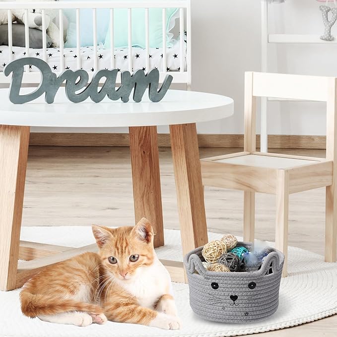 Zopeal Cat Basket Storage Woven Organizer with Ears Christmas Decorative Pet Toy Cute Cotton Rope Basket for Gift Cat Dog Toy Bin Nursery Room(8.3 x 4.7 Inch,Light Gray)