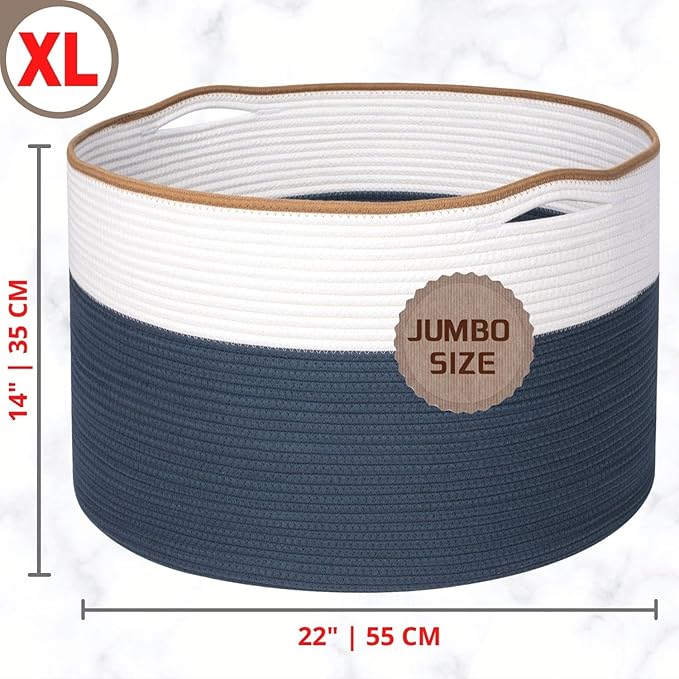 MINTWOOD Design Extra Large 22 x 14 Inches Decorative Woven Cotton Rope Blanket Storage Basket Bin Living Room and Laundry Hamper for Pillows, Pool Towels, Dog Toys, Shoes, Prussian Blue