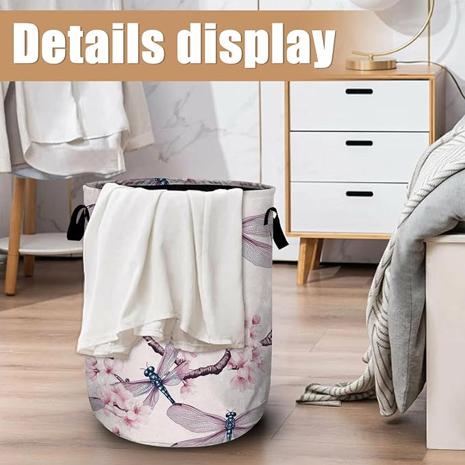 Dragonfly Laundry Basket, Foldable Cherry Blossom Laundry Hamper Tote Bag Dirty Clothes Storage Bucket Toy Organizer for Bathroom/Laundry/Bedroom 15.7"x19.6"
