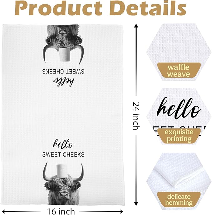 Highland Cow Bathroom Towels - Farmhouse Highland Cow Decorative Waffle Weave Hand Towels, Funny Bathroom Hand Towels, 16×24 Inches