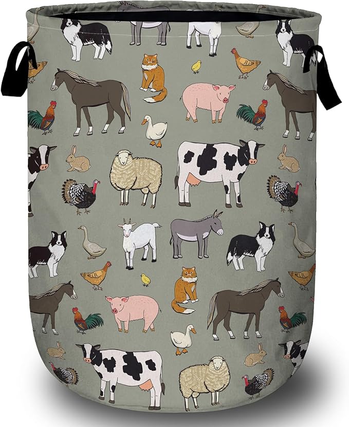Funny Farm Animal Laundry Basket, Laundry Hamper Collapsible Oxford Cloth with Handle Clothes Toy Storage Bin for Bathroom Laundry Room Bedroom 15.7 X 20 Inch