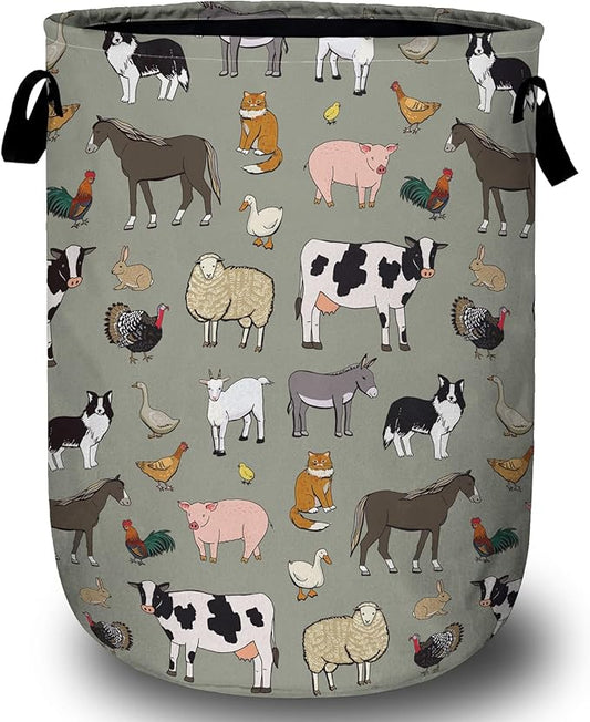 Funny Farm Animal Laundry Basket, Laundry Hamper Collapsible Oxford Cloth with Handle Clothes Toy Storage Bin for Bathroom Laundry Room Bedroom 15.7 X 20 Inch