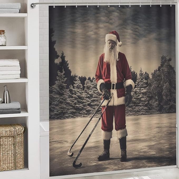 4 Piece Shower Curtain Sets Shower Curtain and Rugs Shower Curtain Set Santa Claus Playing Hockey Ice Skate Sport Durable and Waterproof Hockey Player for Bathroom Decor