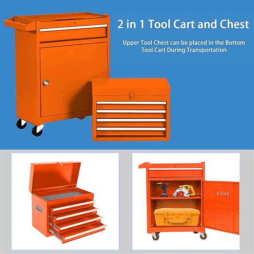 Tool Cabinet, Tool Chest with Wheels, Garage Tool Box, 5 Drawer Rolling Tool Chest and 2 Lockers, Detachable Storage Cabinet, for Garage Warehouse Workshop, Yellow