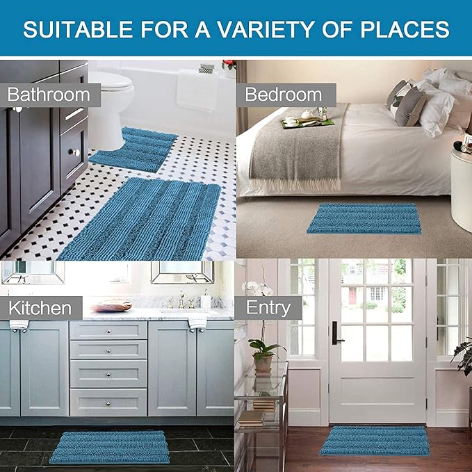 H.VERSAILTEX 3 Piece Bathroom Rugs Sets Thick Striped Bath Rugs Set for Bathroom Non Slip Soft Absorbent Bath Mat Set for Tub, Shower and Toilet(17''x24''+20''x32''+20''x24'' U-Shaped, Turquoise Blue)