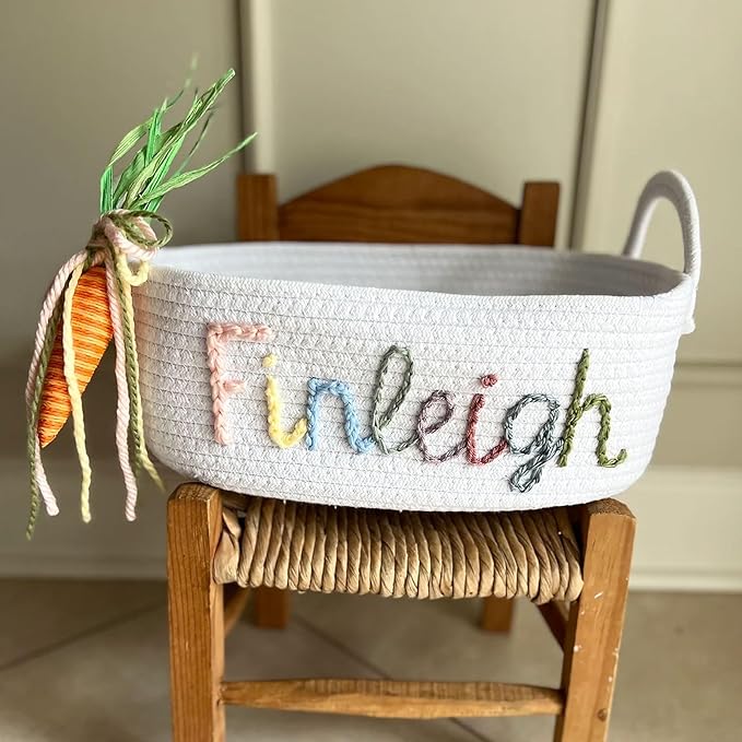 Personalized Rope Cotton Easter Basket Adorable Carrot Decorations Long Handle or Tie Handle Customizable with Child's Name (Style 2-Tie Handle)
