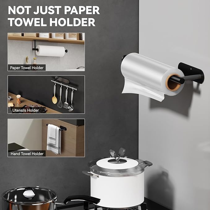 Auxmir Paper Towel Holder Under Cabinet, Self Adhesive Paper Towels Rolls Racks for Kitchen, Wall Mount Thicken Stainless Steel Rustproof, Both Available in Adhesive and Screws for Bathroom RV, Black
