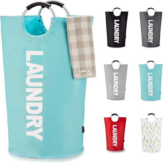 Caroeas 125L Laundry Basket,Large Laundry Hamper, Laundry Bag with Padded Handles, Clothes Hamper Stands Up Well, Collapsible Free Standing Easy Storage Washing Bin (Light Blue,125L)