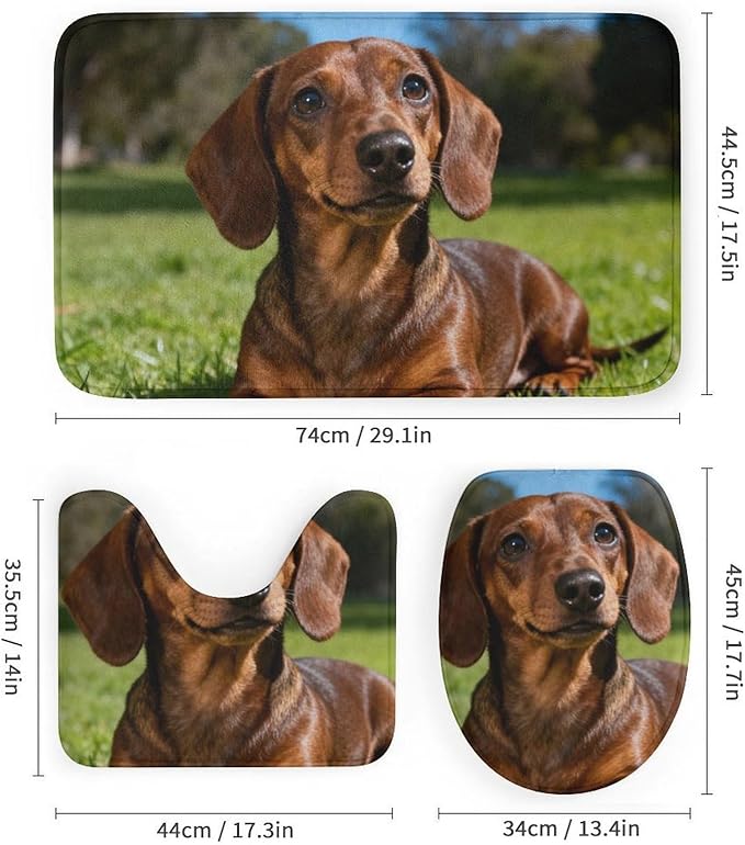 4 Piece Bathroom Rug Set with Shower Curtain, Non-Slip Bath Mat Toilet Cover Set, Dachshund Sitting Bathroom Rug Sets