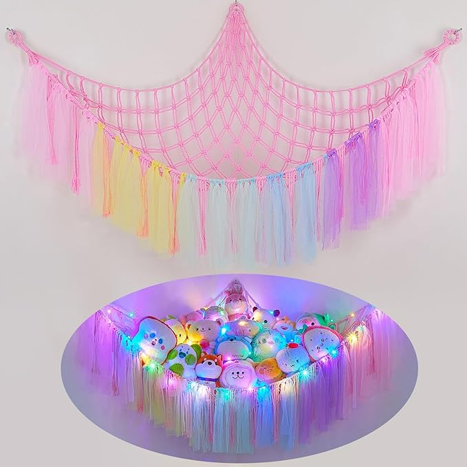 FIOBEE Stuffed Animals Net or Hammock with LED Light, Toy Hammock Hanging Stuffed Animals Storage Organizer Holder Room Décor for Nursery Kids Bedroom
