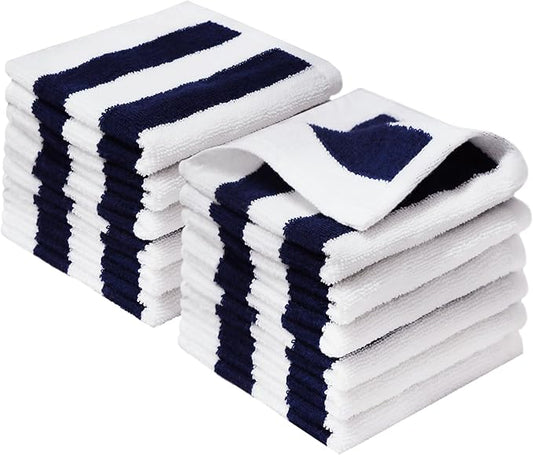 ORIGINAL KIDS Wash Cloth - Set of 12 Cabana Stripe Washcloths - 100% Cotton Yarn-Dyed Terry - 450 GSM Quick Dry Soft Absorbent Gentle Baby Face Towels for Bathroom Travel Daycare - 12 x 12 - Navy