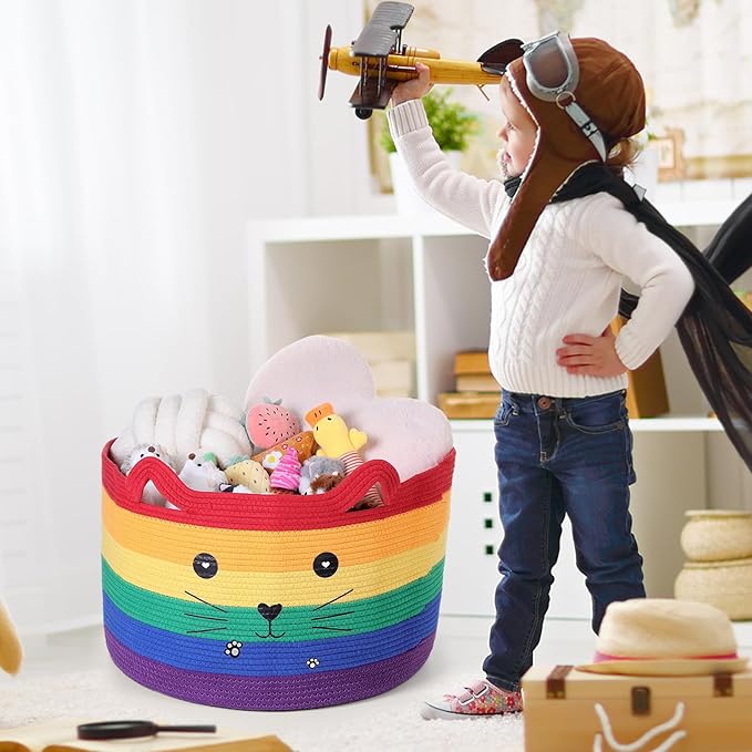 Zopeal Cat Basket Storage Woven Organizer with Ears Christmas Decorative Pet Toy Cute Cotton Rope Basket for Gift Cat Dog Toy Bin Nursery Room(21.7 x 13.8 Inch,Rainbow)