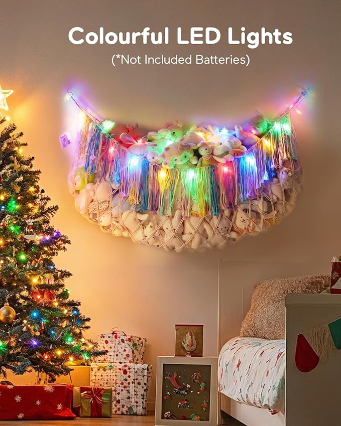 Stuffed Animal Hammock Net with Lights - Xlarge Wall Hanging Stuffed Animal Storage for Plushie Toys and Teddy Bears,Boho Stuffy Hammock for Kids Bedrooms Playroom Nursery