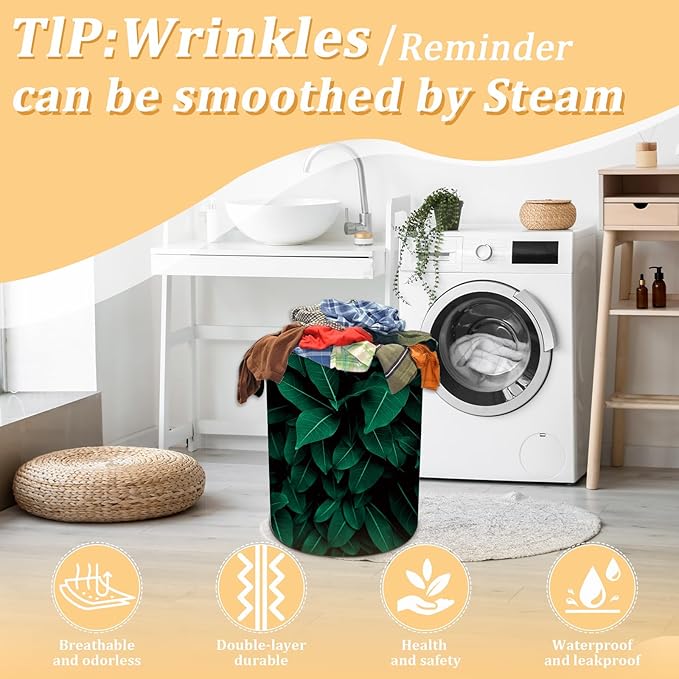Tropical Leaves Laundry Basket, Plants Laundry Hamper Foldable Waterproof Oxford Cloth Funny Tote Bag Dirty Clothes Storage Bucket Toy Organizer for Bathroom/Laundry/Bedroom 15.7"x19.6"