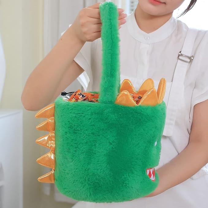 DearSun Exquisite Embroidery ! Personalized Plush Dinosaur Basket Easter Egg Hunting Baskets with Embroidery Name (Green Plush Dinosaur Basket)