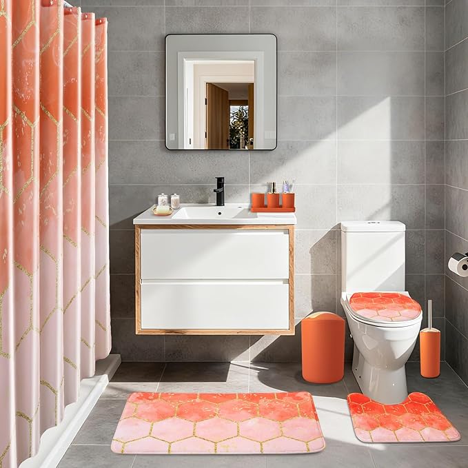 25 Pieces Bathroom Set Orange and Gold Bathroom Accessories Set, Shower Curtain and Rugs, Trash Can, Toilet Brush, Soap Dispenser, Soap Dish, Toothbrush Holder, Tumbler, Tray, Qtip Holder
