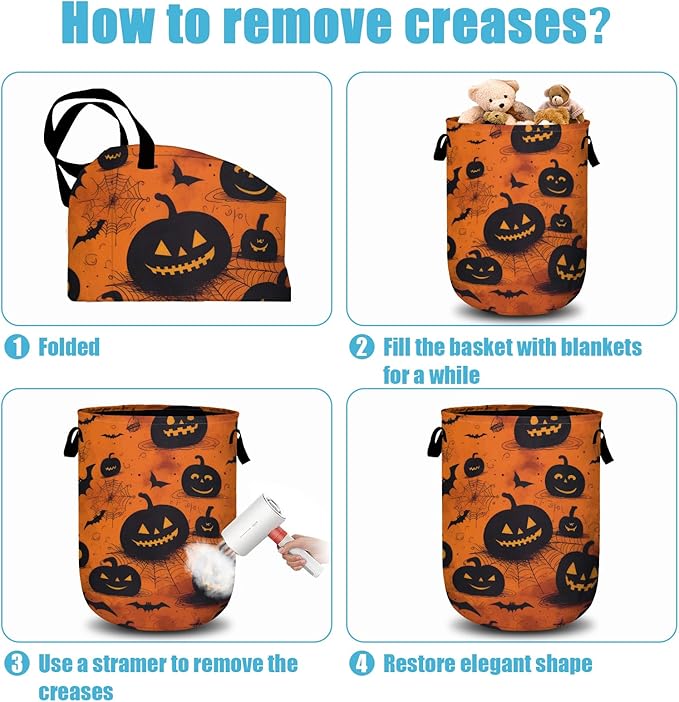 Spooky Pumpkin Laundry Basket, Halloween Laundry Hamper Collapsible Oxford Cloth with Handle Clothes Toy Storage Bin for Bathroom Laundry Room Bedroom 15.7 X 20 Inch