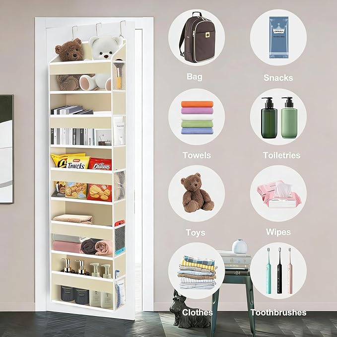 Over The Door Organizer Closet,5 Bins 10 Side Pockets,Hanging Organizer,Anti Tilt 44 lbs Load Door Organizers and Storage with Clear Window for Bedroom,Nursery,Rv,Bathroom,Camper(Beige)