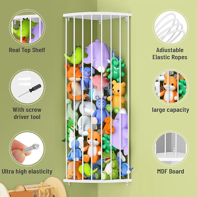 Sleek White Corner Stuffed Animal Storage Shelf | Adjustable Height (44"-71") | Durable Hanging Stuffed Animal Toy Plush Organizer for Modern Nursery, Kids' Bedroom & Playroom