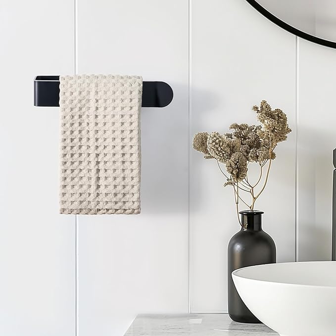 8 Inch Hand Towel Holder, Self Adhesive Towel Bar for Bathroom, Rustproof Aluminum U-Shape Towel Rack Stick on Wall, Black