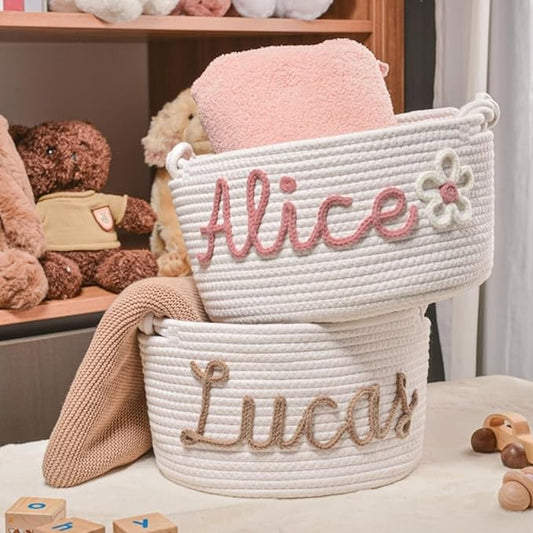 Personalized Baby Shower Basket, Handmade Cotton Rope Baby Gift Basket, Custom Baby Toy BasketS(S-19X12X27CM)